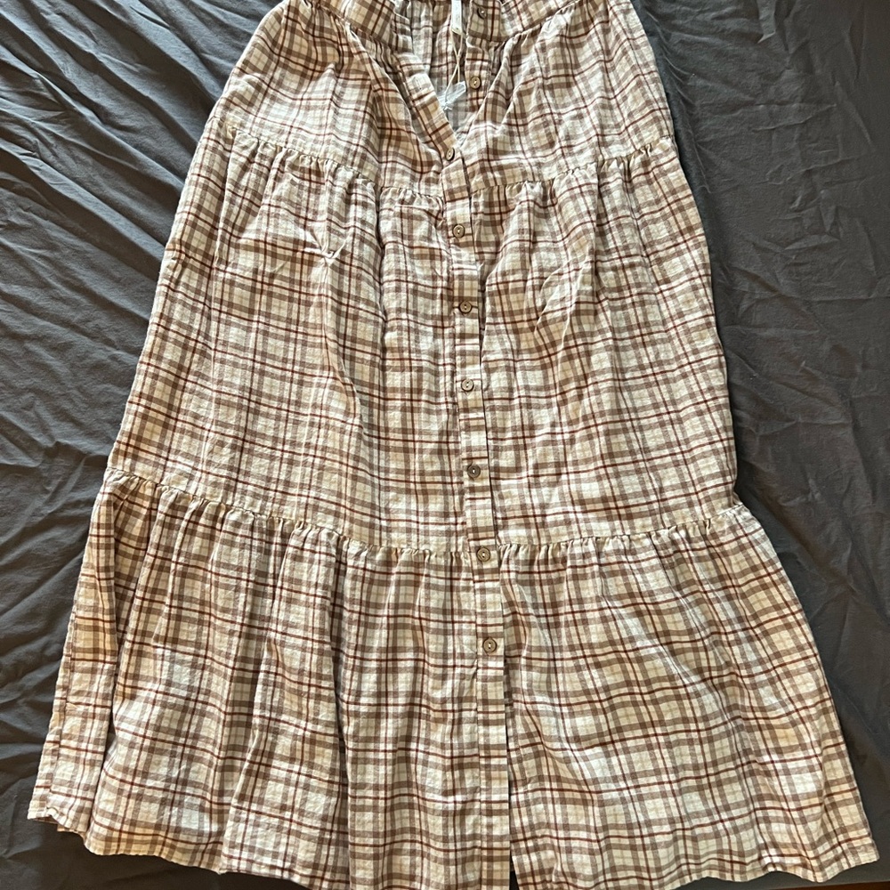 Rylee + Cru Beige Plaid A-Line Skirt